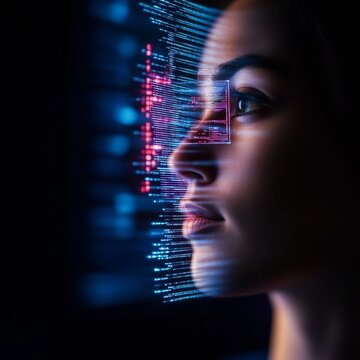 Immersive Digital Display Woman Engaging with AI-Driven Data Interface and Futuristic Graphics - Tech Innovation for Smart Workspaces and Enhanced User Interaction
