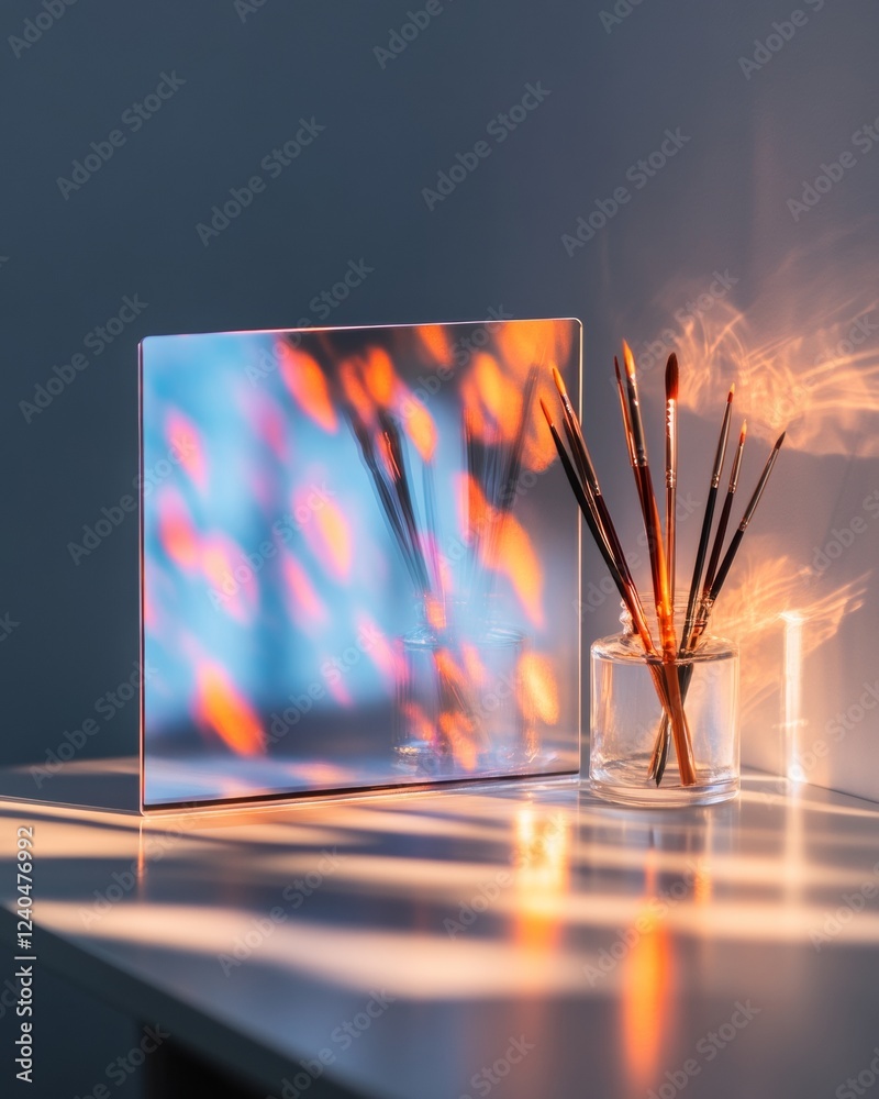Poster chromatic reflections in minimalist art studio glass prism with artistic brush set on sleek desk vis