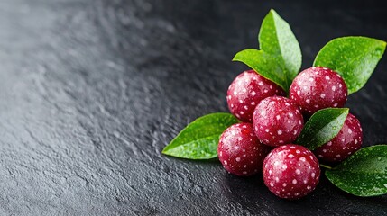 Red speckled berries with leaves on dark stone. Food photography for recipe blogs