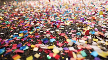 Obraz premium of confetti scattered on the floor after a festive event, in various vibrant colors.