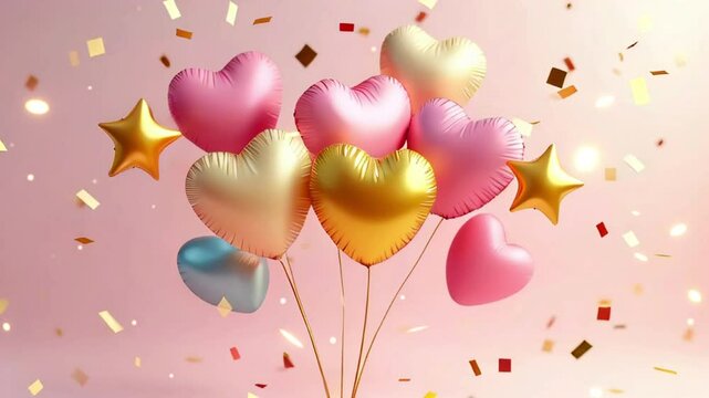  Festive pastel heart shaped balloons with confetti on clean background, perfect for Valentine's Day, celebrations and Birthday parties, Animated Holiday banner.