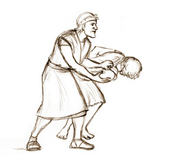 Pencil drawing. The men caught the guy and are leading him