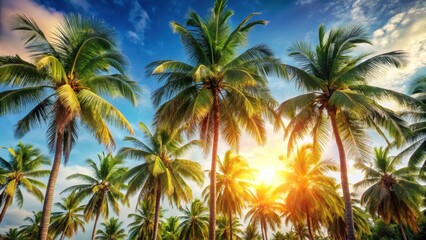 Fototapeta premium Palm trees gently sway in the warm sunlight of a tropical summer day