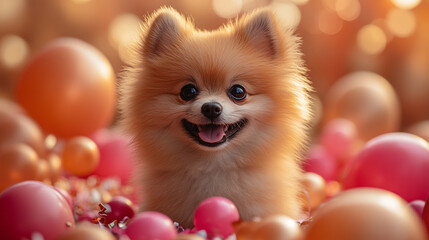 Celebrate the joy of National Puppy Day with a cheerful pomeranian surrounded by vibrant balloons and festive decorations