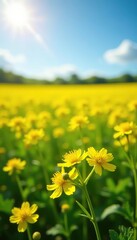 Fototapeta premium Sunny field with blooming yellow canola flowers, golden, farm, nature