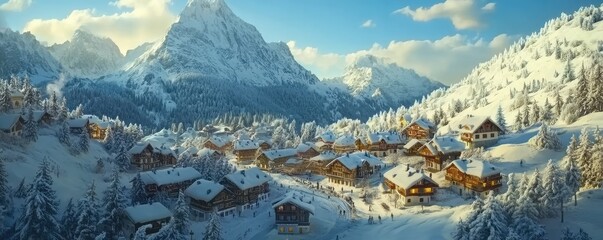 Winter village nestled in snowy alpine mountain landscape.