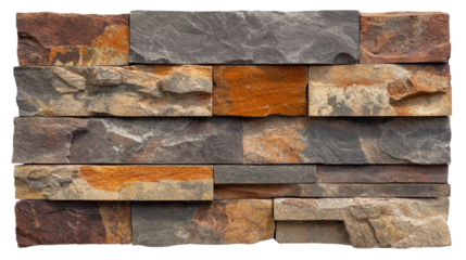 A sample of a rustic stone wall panel featuring various shades of brown, gray, and orange stones with a rough texture.
