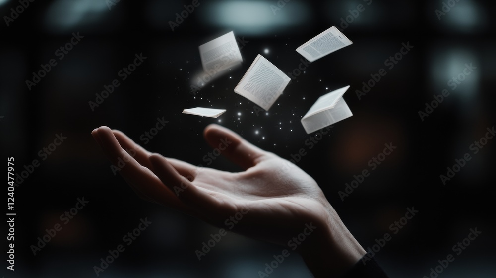 Fototapete Tech-Infused Reading Ambiance Silhouette Hand with Floating Digital Book Icons on Dark Background - Visual Branding and Immersive Educational Marketing for Modern Spaces