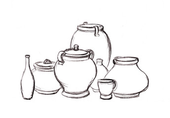 Pencil drawing. Many different vessels
