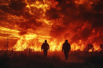 Obraz premium Firefighters walking through a blaze at sunset during a wildfire response operation in an open field