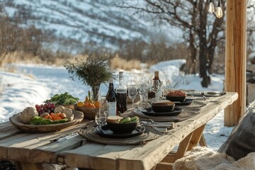 Fototapeta premium Table of food and drink in snowy setting