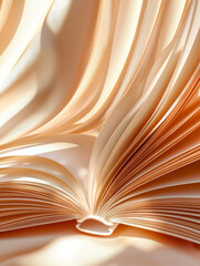 Open book pages, soft light, beige tones, elegant folds.