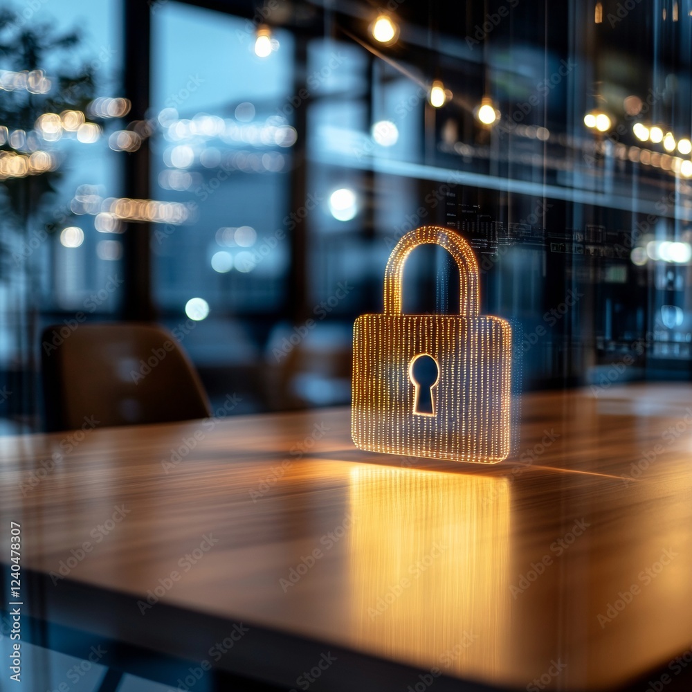 Poster contemporary industrial security aesthetic illuminated padlock display on modern wood desk - office 