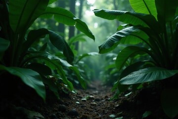 Naklejka premium Tropical forest floor with black and white raindrops on banana leaves, tropical, leaves, misty