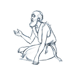 Pencil drawing. A beggar asks for alms
