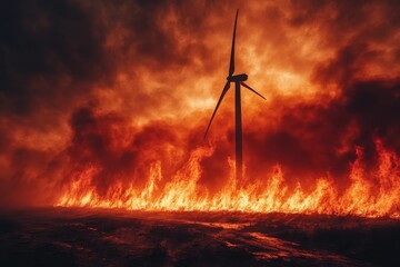 Wildfire engulfs landscape with wind turbine standing amidst flames and smoke