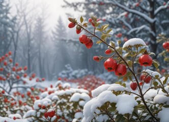 red rose hips against a backdrop of snow covered wild roses, frozen flowers, winter landscape, red rose hips