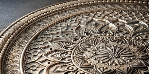 Obraz premium Close-up of a metallic plate with intricate details and patterns on a gray background, showcasing the material's texture and finish , gray background, close-up
