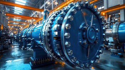 Obraz premium Blue water, engine gear, oil cylinder, inside a factory hall with a blurred background