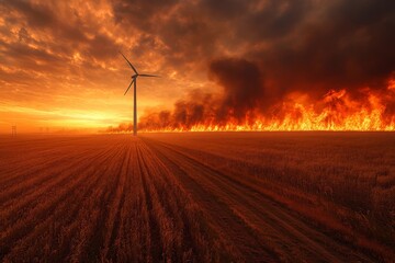 Obraz premium Dramatic sunset behind wind turbine as wildfire engulfs the grassland landscape