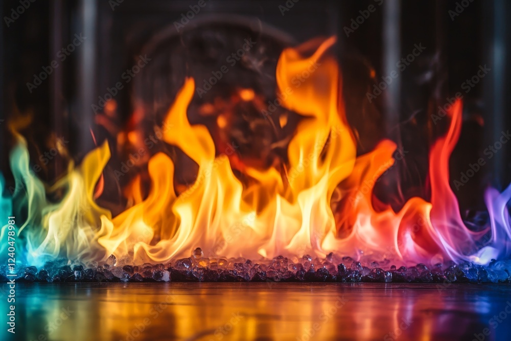 Aufkleber colorful flames dancing dramatically over sparkling crystals during a surreal evening setting