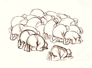 Worship of the God. Pencil drawing