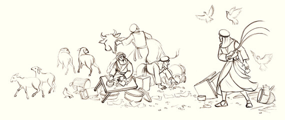 Obraz premium Jesus drives the sellers out of the temple. Pencil drawing