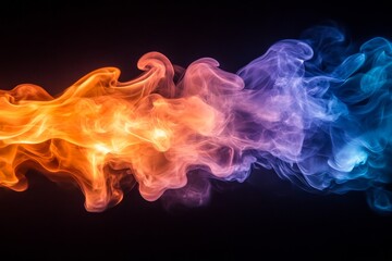 Fototapeta premium Colorful swirls of smoke in vibrant orange, purple, and blue dancing against a dark background