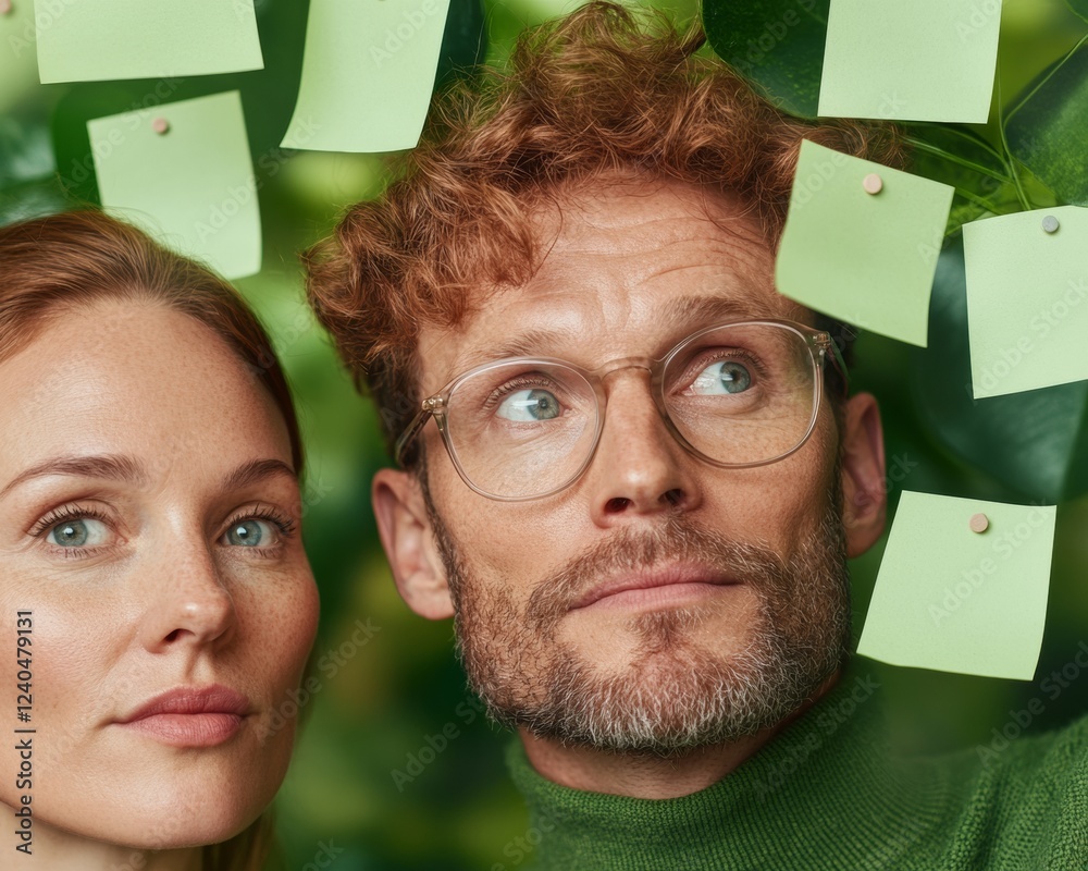 Aufkleber contemporary workflow strategy tech startup team ponders green sticky notes on glass - organizationa