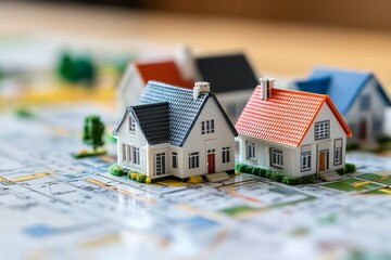 Model houses displayed on a board game representing real estate strategy and urban planning