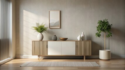 Fototapeta premium A serene room with a low-profile, minimalist cabinet against one wall, adorned with only a few carefully selected, simple art pieces and a small vase , modern furniture, empty room