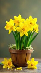 Obraz premium Yellow daffodil flowers in a wooden basket with natural elements, yellow, basket, decor