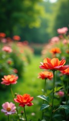 Soft focus on a garden full of blooming flowers, green, lush