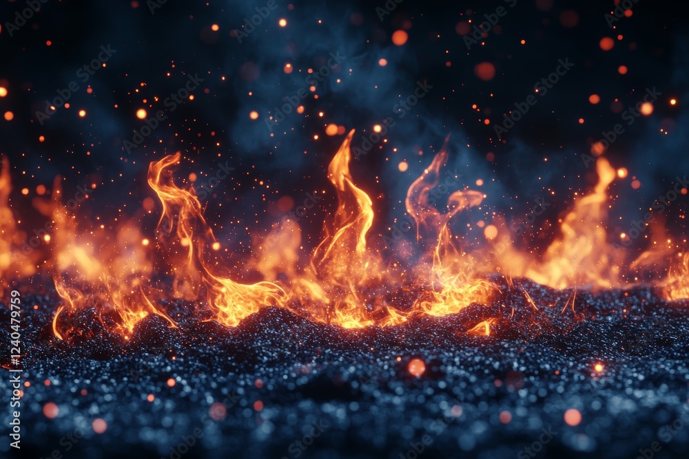 Poster Flames and glowing embers create a mesmerizing display in a dark environment at night