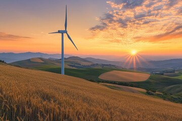 A picturesque rural landscape with a wind turbine farm against the backdrop of rolling hills and golden wheat fields under a glowing sunrise.