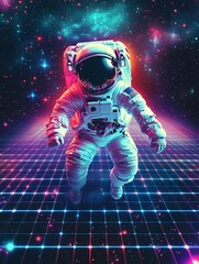 Astronaut floating in a vibrant cosmic landscape with a grid pattern, surrounded by colorful stars