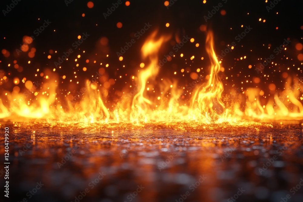 Poster flames dance and flicker across a wet surface at night, creating a dramatic and intense atmosphere