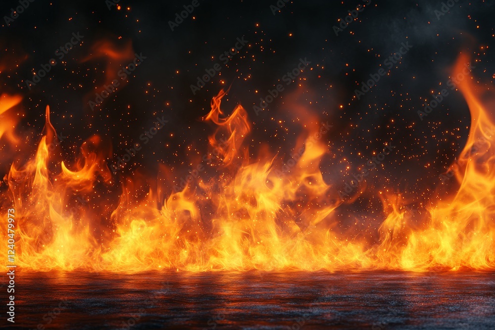 Poster flames lighting up the night with bright orange and yellow hues creating a mesmerizing display of fi