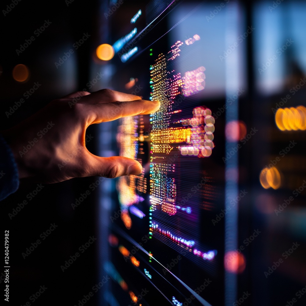 Aufkleber Futuristic Interactive Dashboard Hand-Touch on Glass Screen with Data Visualization and Analytics - Revolutionizing Business Intelligence for Tech-Savvy Enterprises