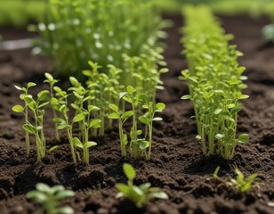 Obraz premium Row of tiny soybean sprouts in a lush green garden, plant, shoot