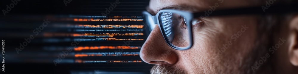 Poster Futuristic Cybersecurity Interface Multi-Monitor Code and Threat Analysis Display in Glassy Tech Workspace Enhancing IT Operations and Digital Protection Strategies
