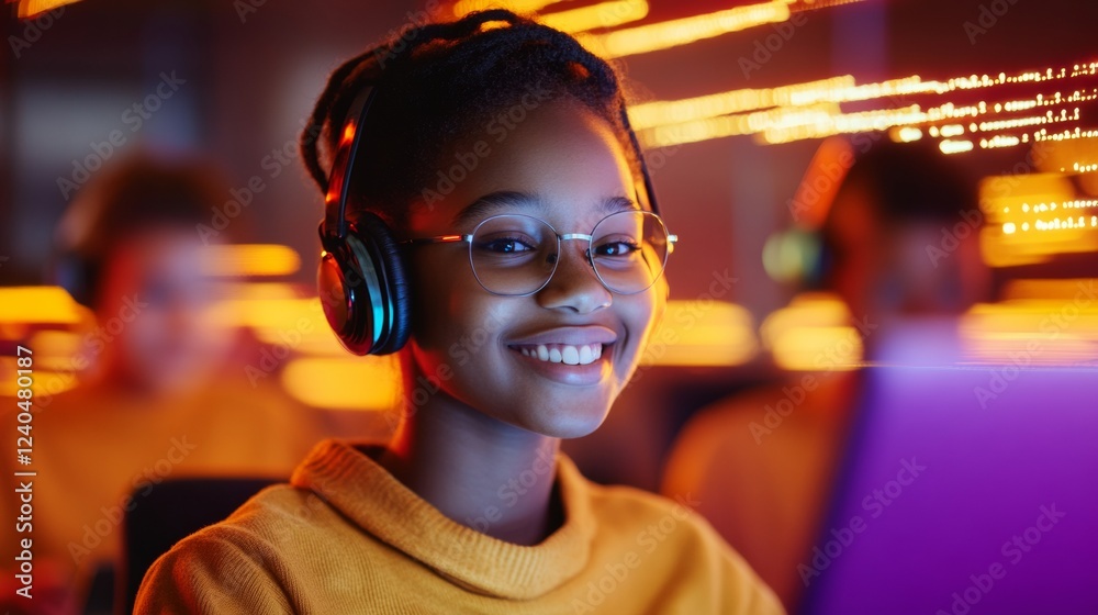 Aufkleber Vibrant Tech Learning Teenage Girl in Headset Coding Abstract Patterns on Laptop in Dynamic School Lab - Empowering STEM Education and Digital Literacy for Youth