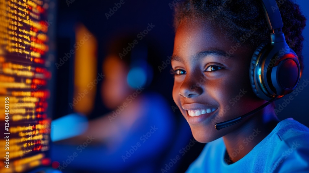 Poster Dynamic Coding Class Scene Teenage Girl with Headset Engaged in Abstract Digital Coding on Laptop - Tech Empowerment and Future-Ready Skills in Modern Education Spaces
