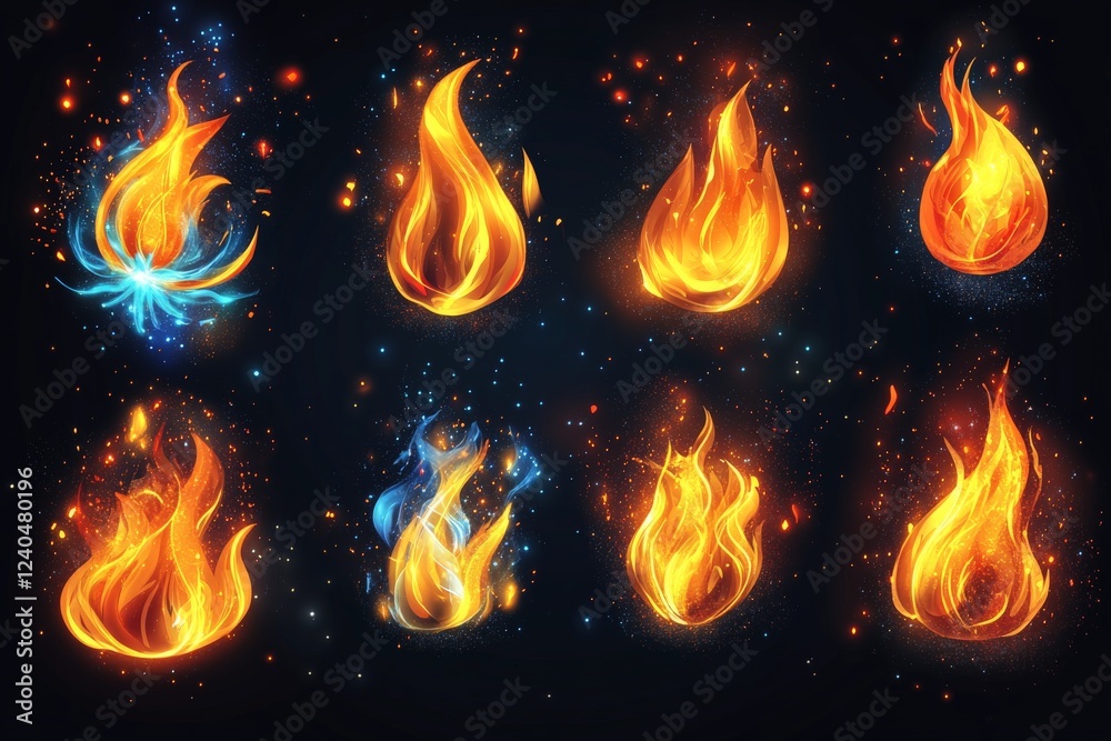 Poster colorful flames in various shapes and colors glowing against a dark background
