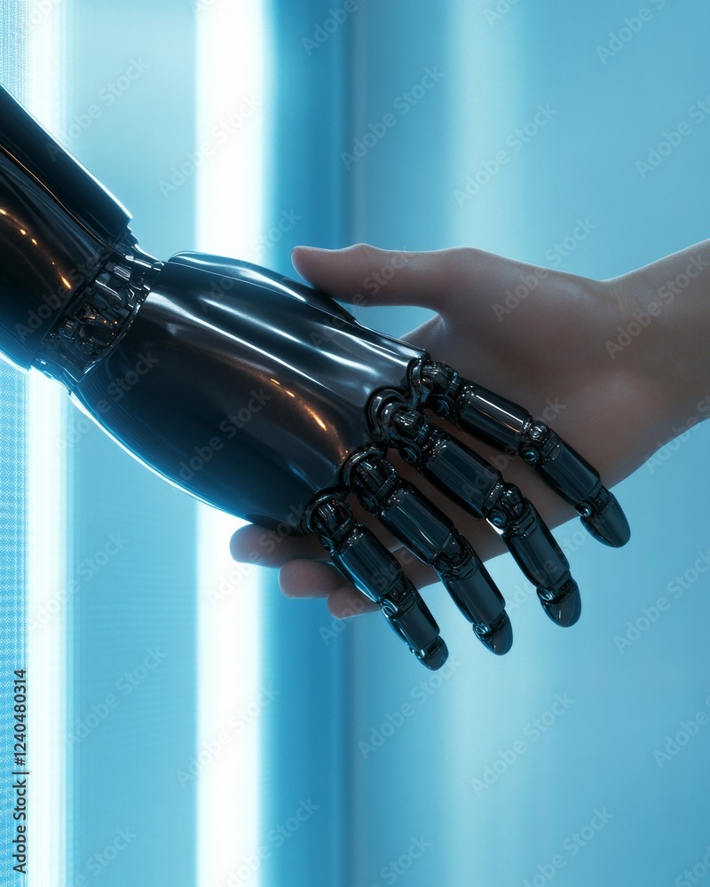 Poster futuristic robotics collaboration metallic robotic hand in led-lit laboratory - empowering digital w