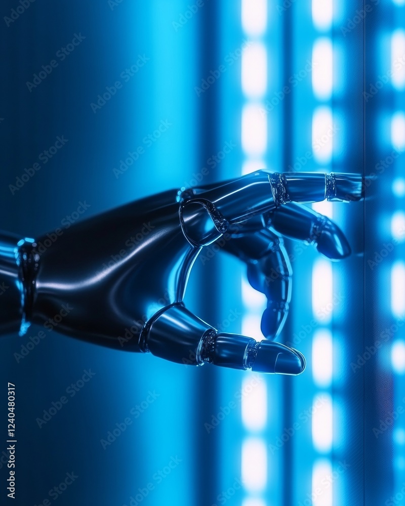 Poster Cybernetic Innovation Showcase Sleek Metallic Robotic Hand with Blue LED Backdrop - Advanced Tech Collaboration and Smart Industry Design Integration