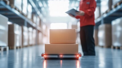 Smart Tech in Modern Warehouse Automated Robotic Carts and Monitoring in Sleek Industrial Lighting - Future of Logistics and Efficient Inventory Management