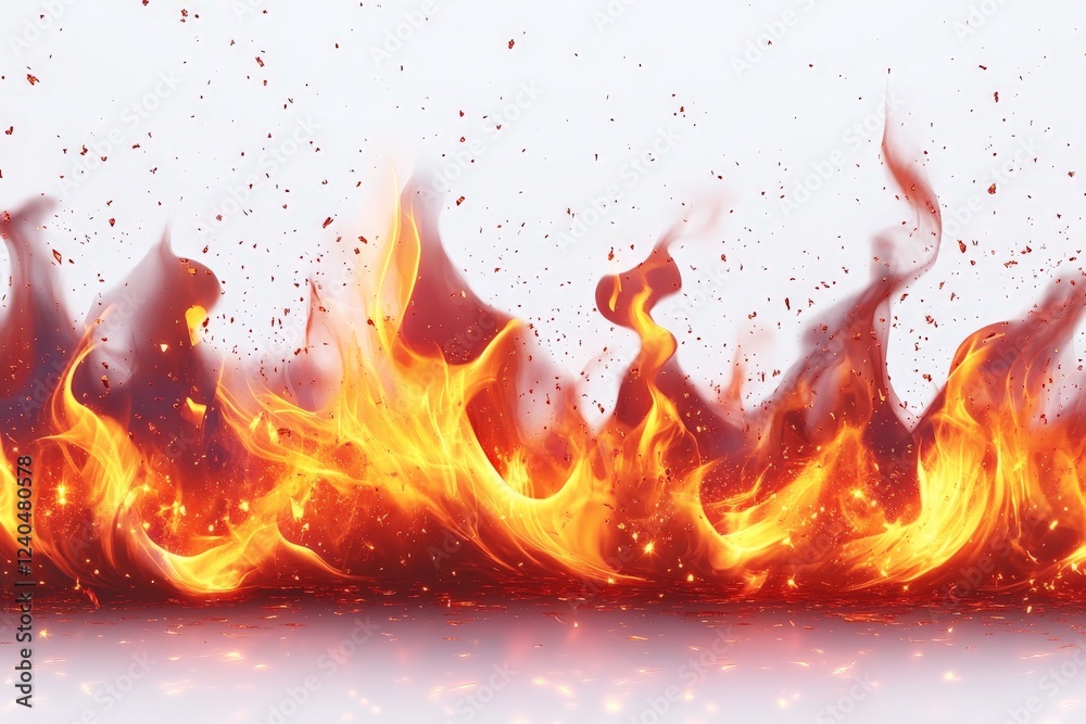 Poster flames dance energetically while sparks rise in a dramatic display of fire against a light backgroun