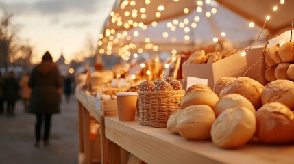 Fototapeta premium Charming Twilight Pop-Up Market Artisanal Crafts and Textiles in Rustic Lighting - Trendsetting Retail Experience and Seasonal Community Engagement