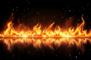 Flames dance along a reflective surface, creating an intense and captivating visual experience in low light conditions